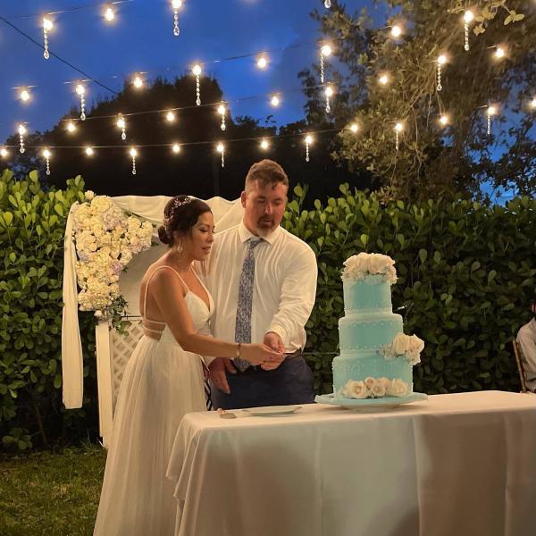 bride and groom cutting blue wedding cake